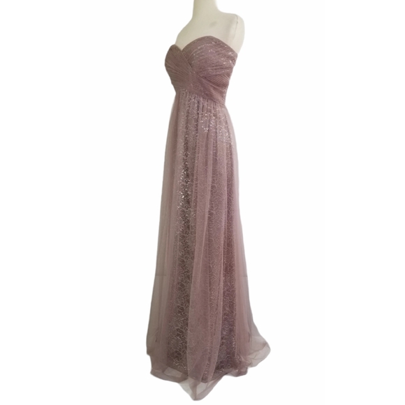 BELSOIE Mauve Strapless Metallic Lace Dress 14 - Picture 3 of 14